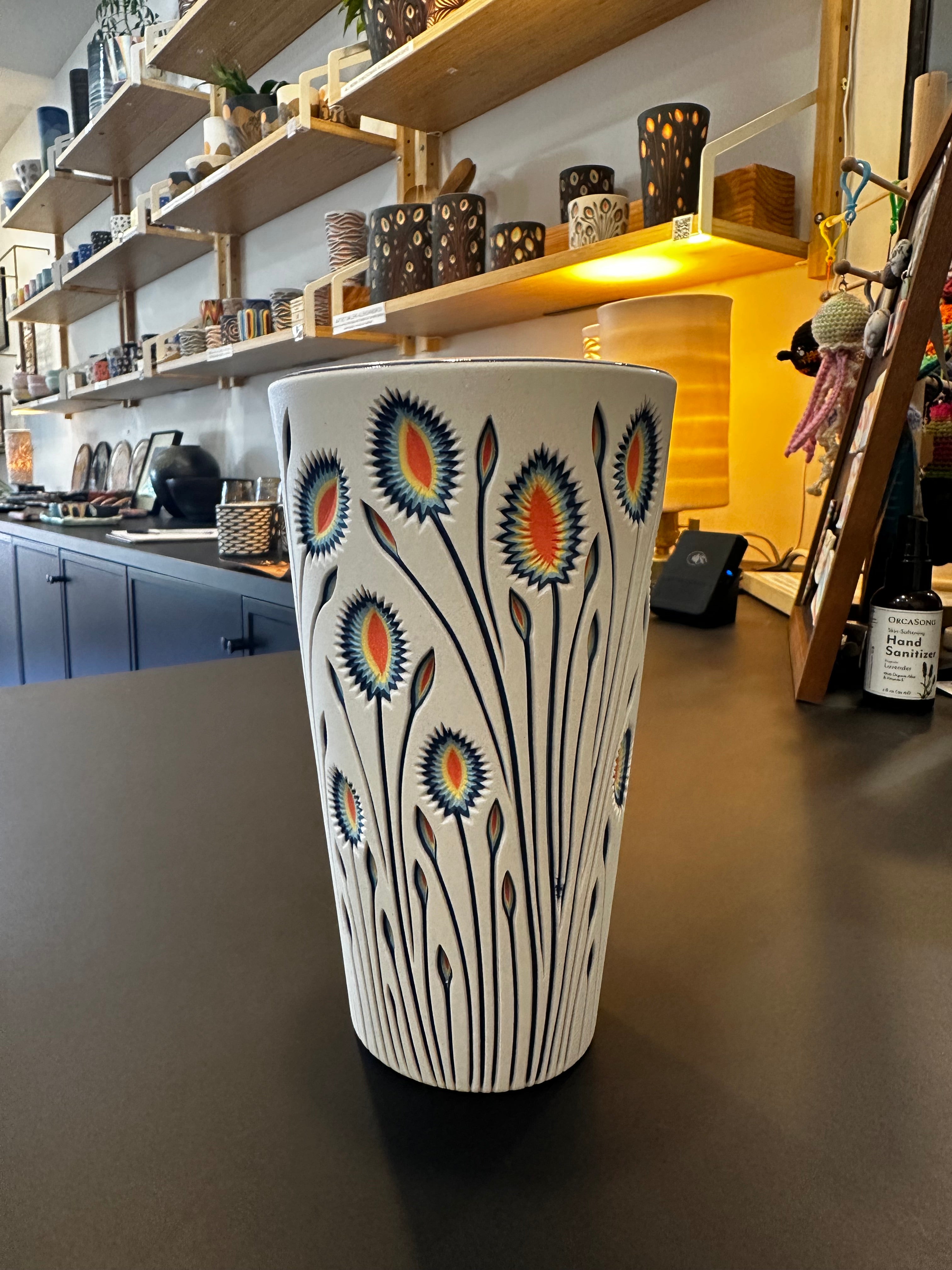 Custom for Jessica- white to coral botanical carved pint and juice cup
