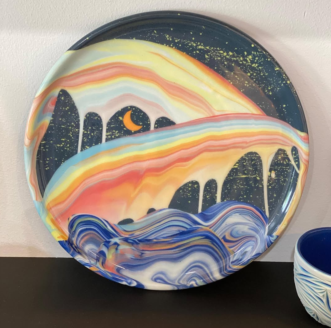 Custom Set for Sarah Powell- 2 wave rainbow aurora soup bowls, 3 dinner plates- white swirl, proud cheetah, drip landscape with wave
