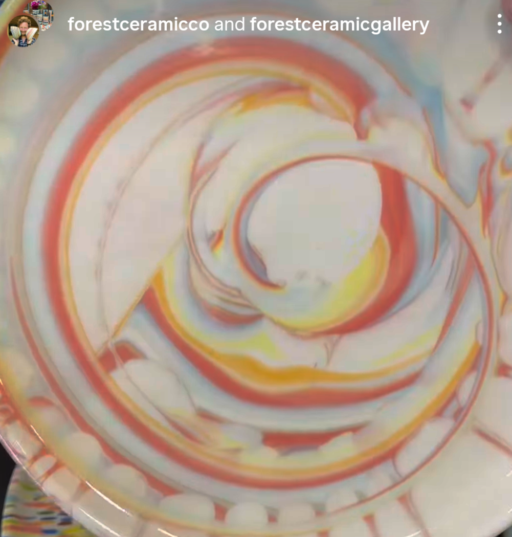 Custom Set for Sarah Powell- 2 wave rainbow aurora soup bowls, 3 dinner plates- white swirl, proud cheetah, drip landscape with wave