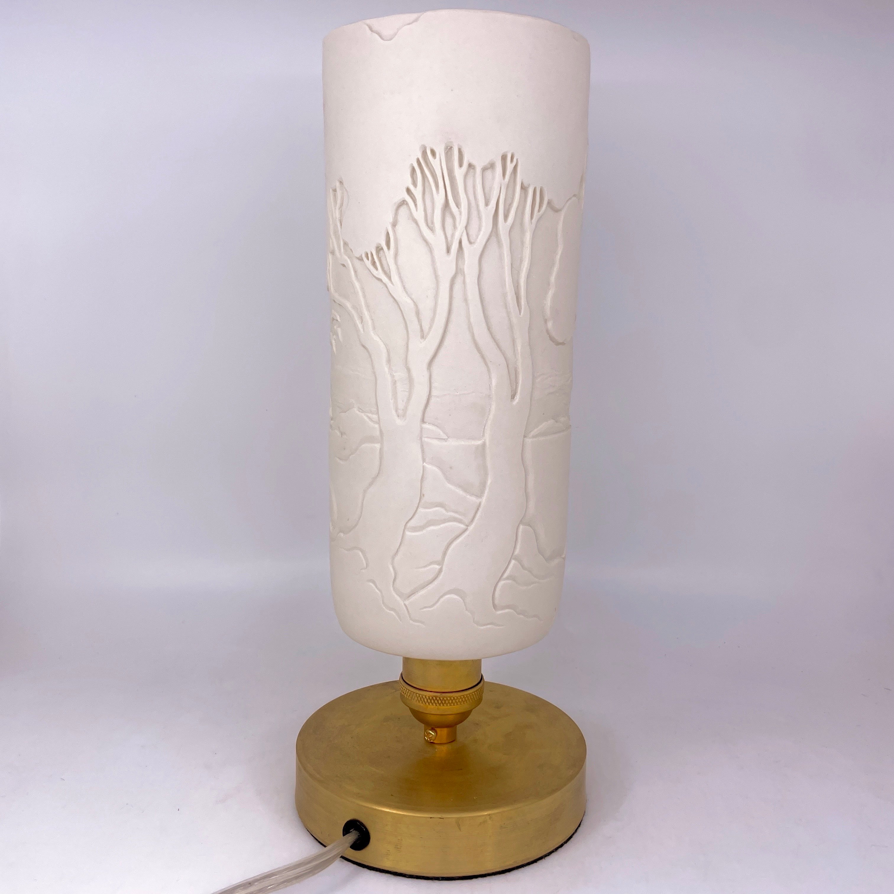 Table Lamp Installment- Madrona” hand-carved White Porcelain Shade and Choice of Base (ready to ship) Collaboration with Mary Jane Elgin