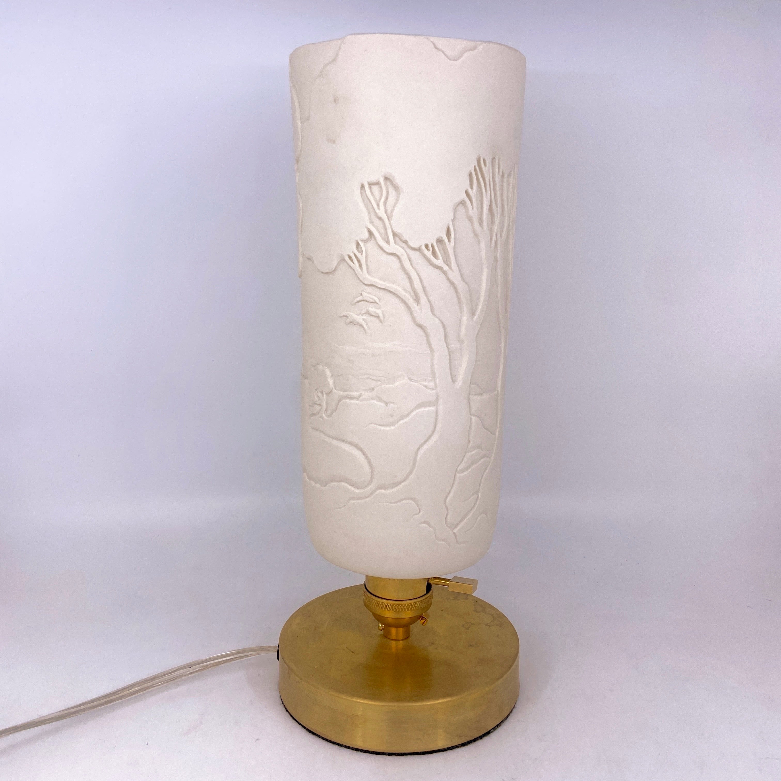 Table Lamp Installment- Madrona” hand-carved White Porcelain Shade and Choice of Base (ready to ship) Collaboration with Mary Jane Elgin