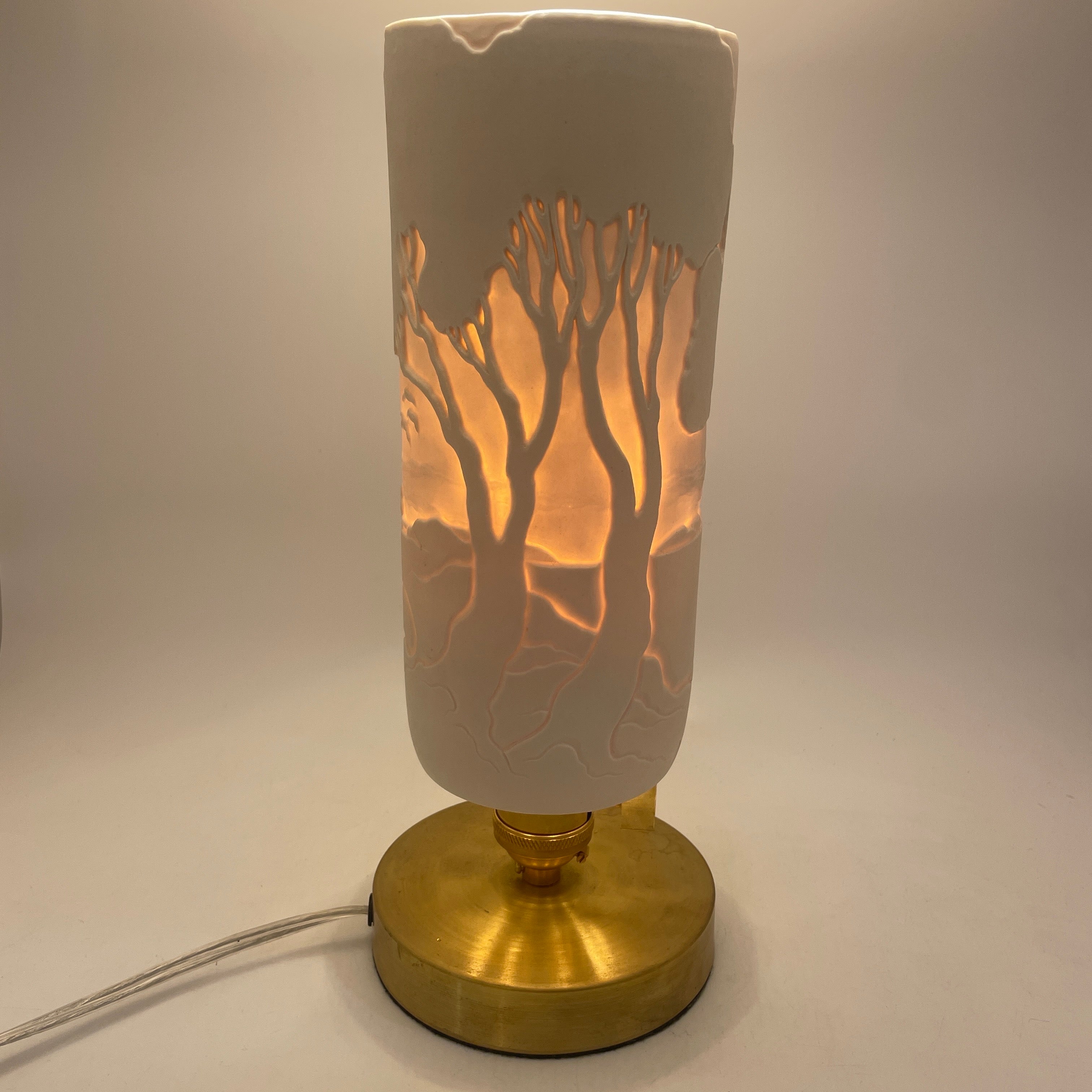 Table Lamp Installment- Madrona” hand-carved White Porcelain Shade and Choice of Base (ready to ship) Collaboration with Mary Jane Elgin