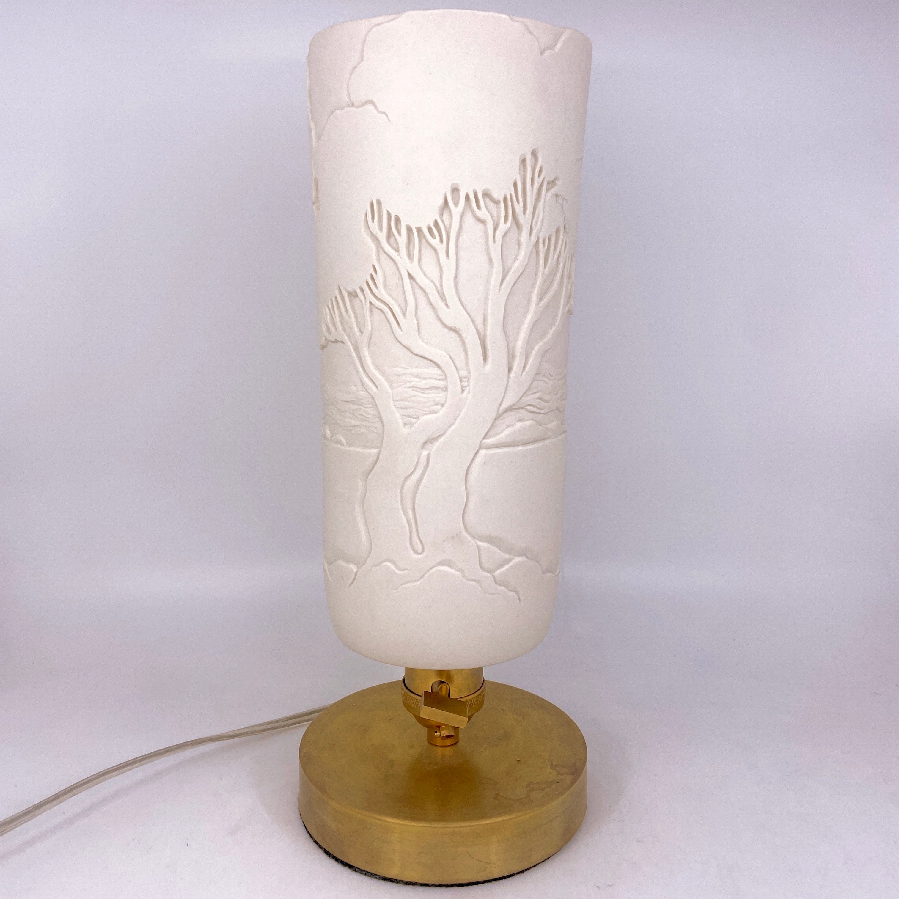 Table Lamp Installment- Madrona” hand-carved White Porcelain Shade and Choice of Base (ready to ship) Collaboration with Mary Jane Elgin