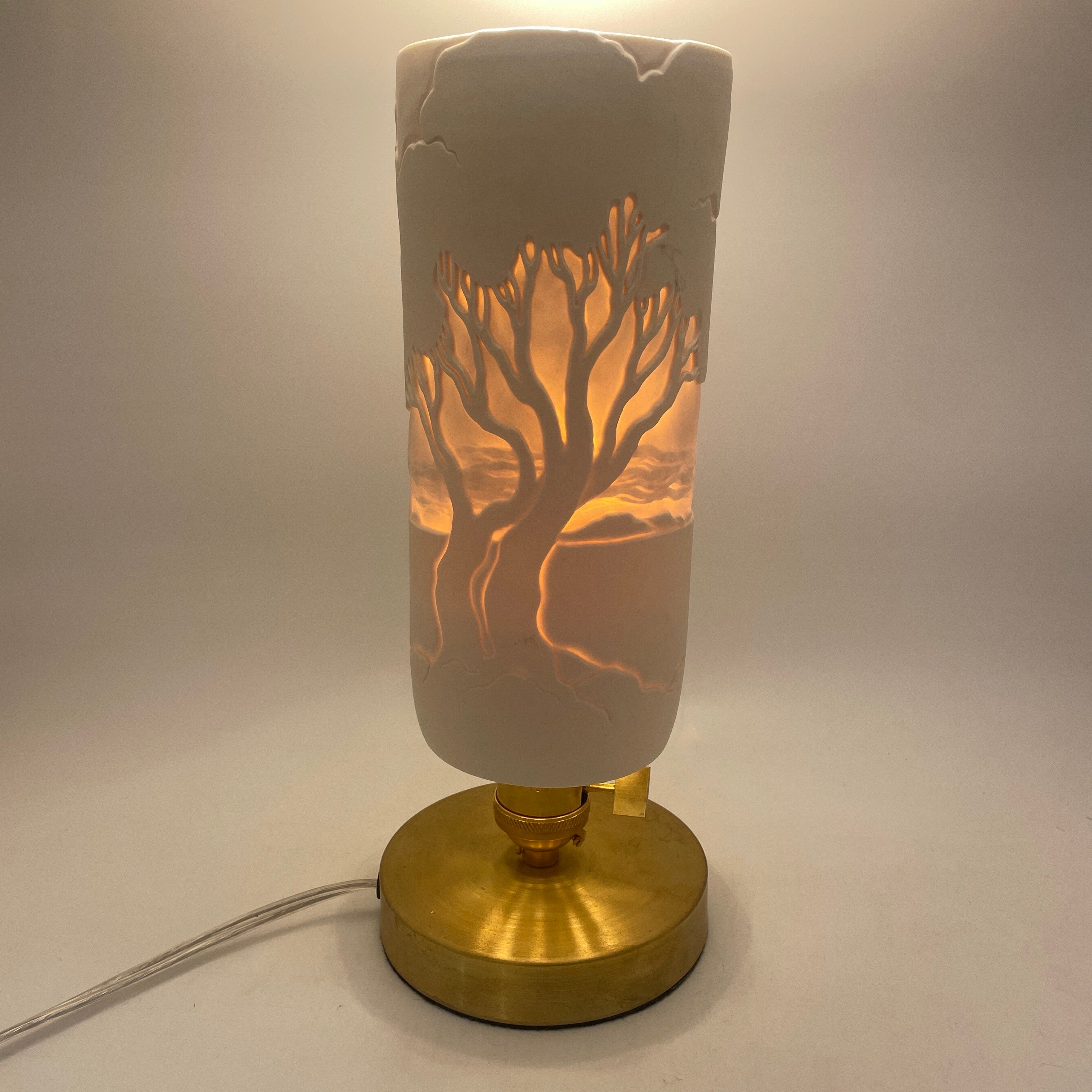 Table Lamp Installment- Madrona” hand-carved White Porcelain Shade and Choice of Base (ready to ship) Collaboration with Mary Jane Elgin