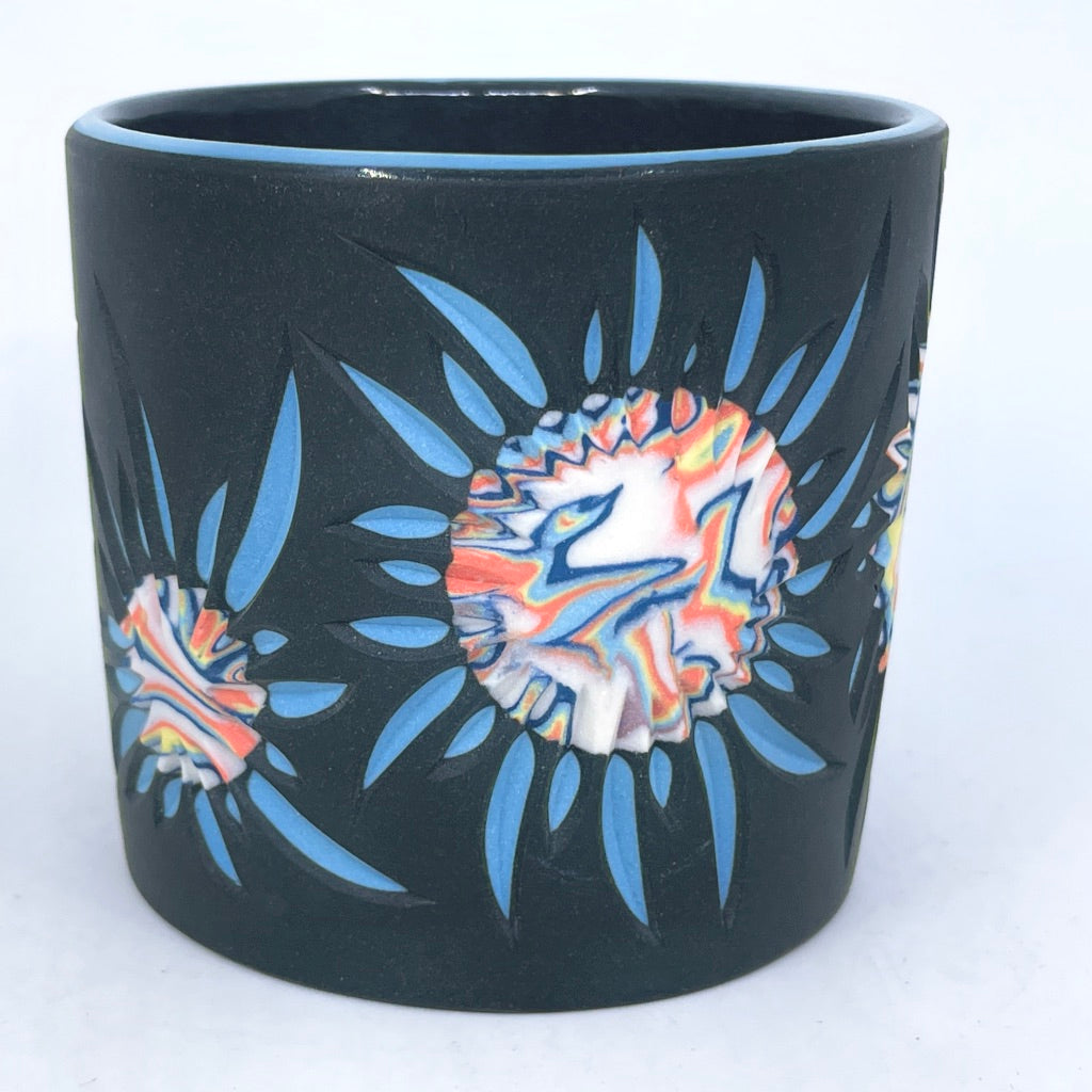 Carved #48- Solar Flare Tumbler- White to Coral Suns and Turquoise Flares