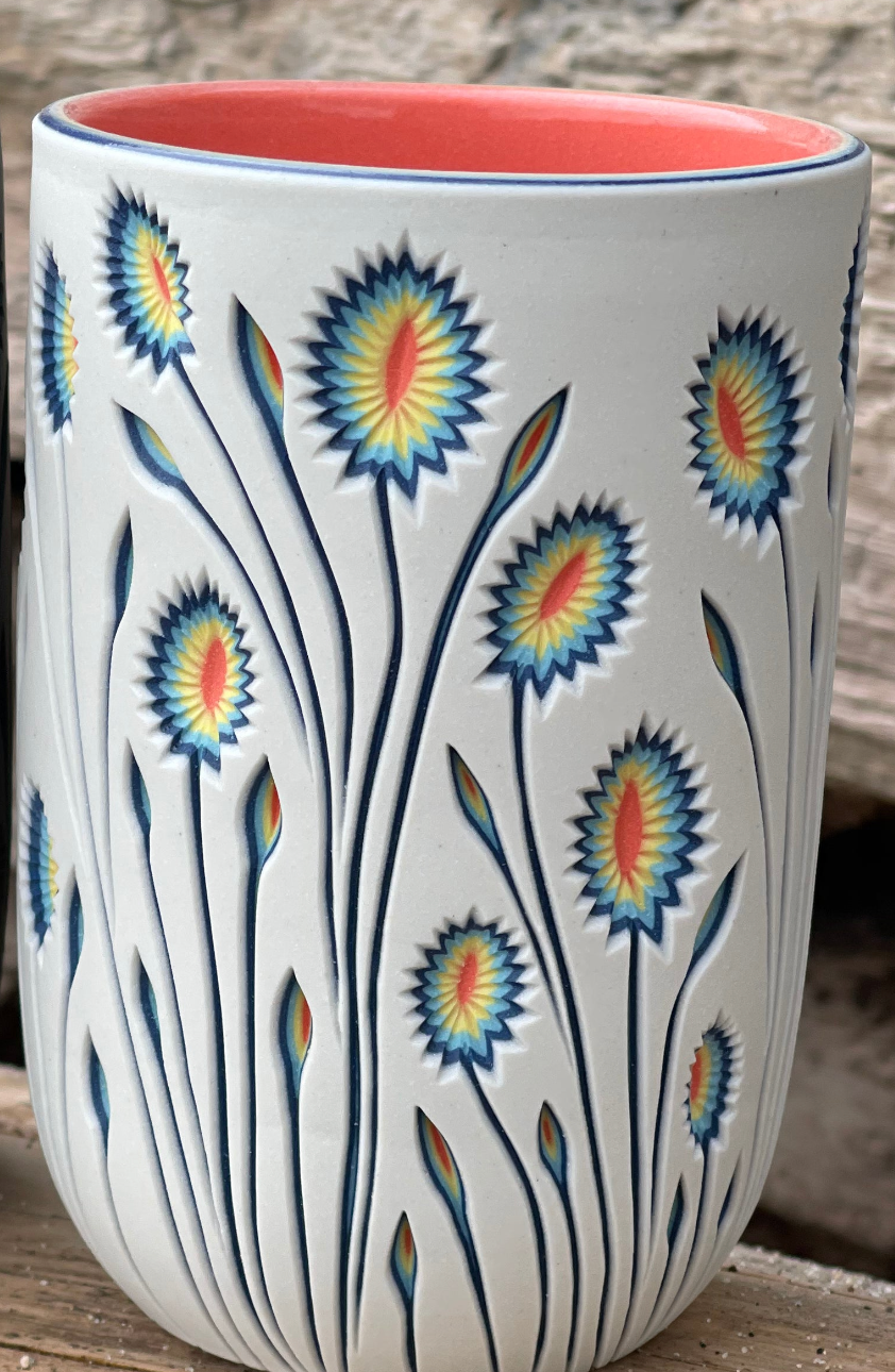Custom for Jessica- white to coral botanical carved pint and juice cup