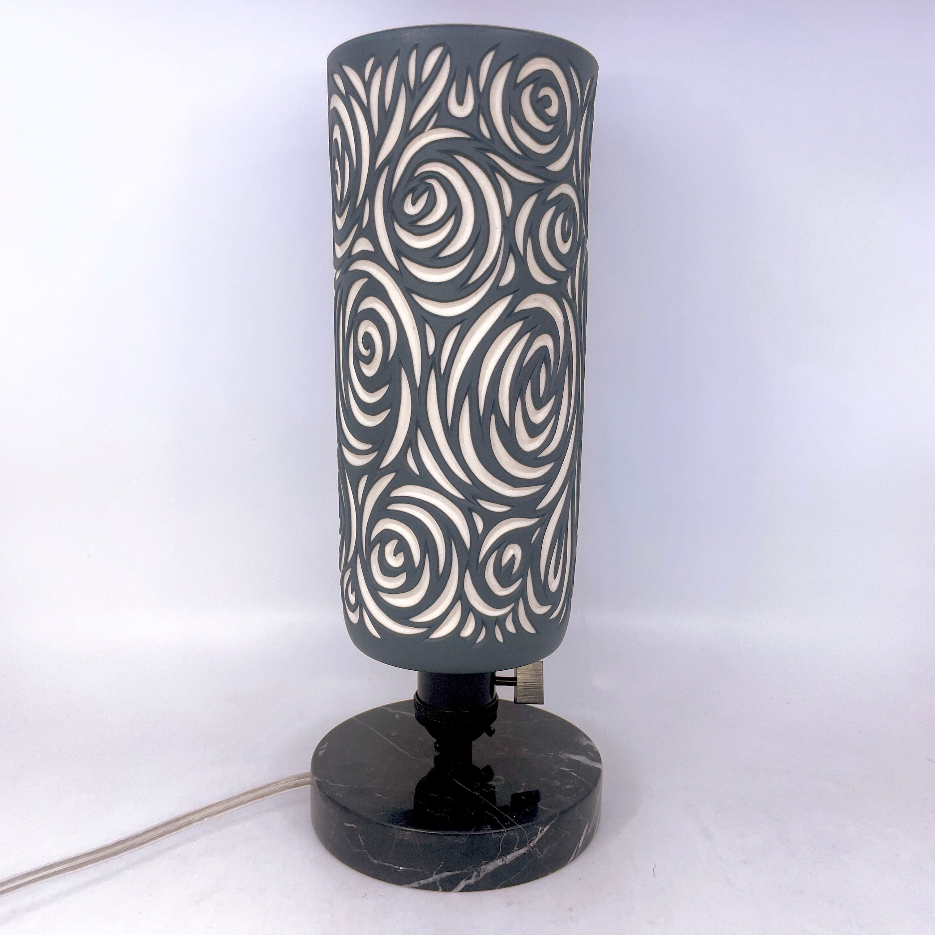 Table Lamp- “Roses” Black and White layered and  hand-carved Porcelain Shade and Choice of Base (ready to ship)