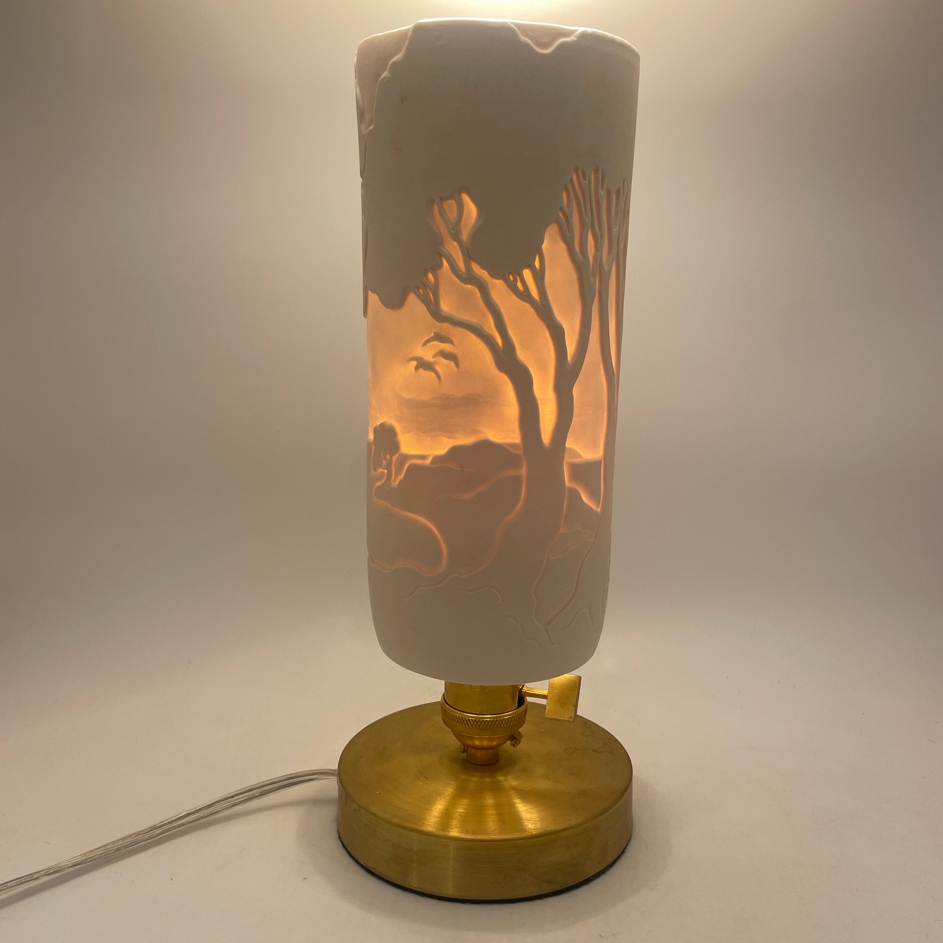 Table Lamp Installment- Madrona” hand-carved White Porcelain Shade and Choice of Base (ready to ship) Collaboration with Mary Jane Elgin
