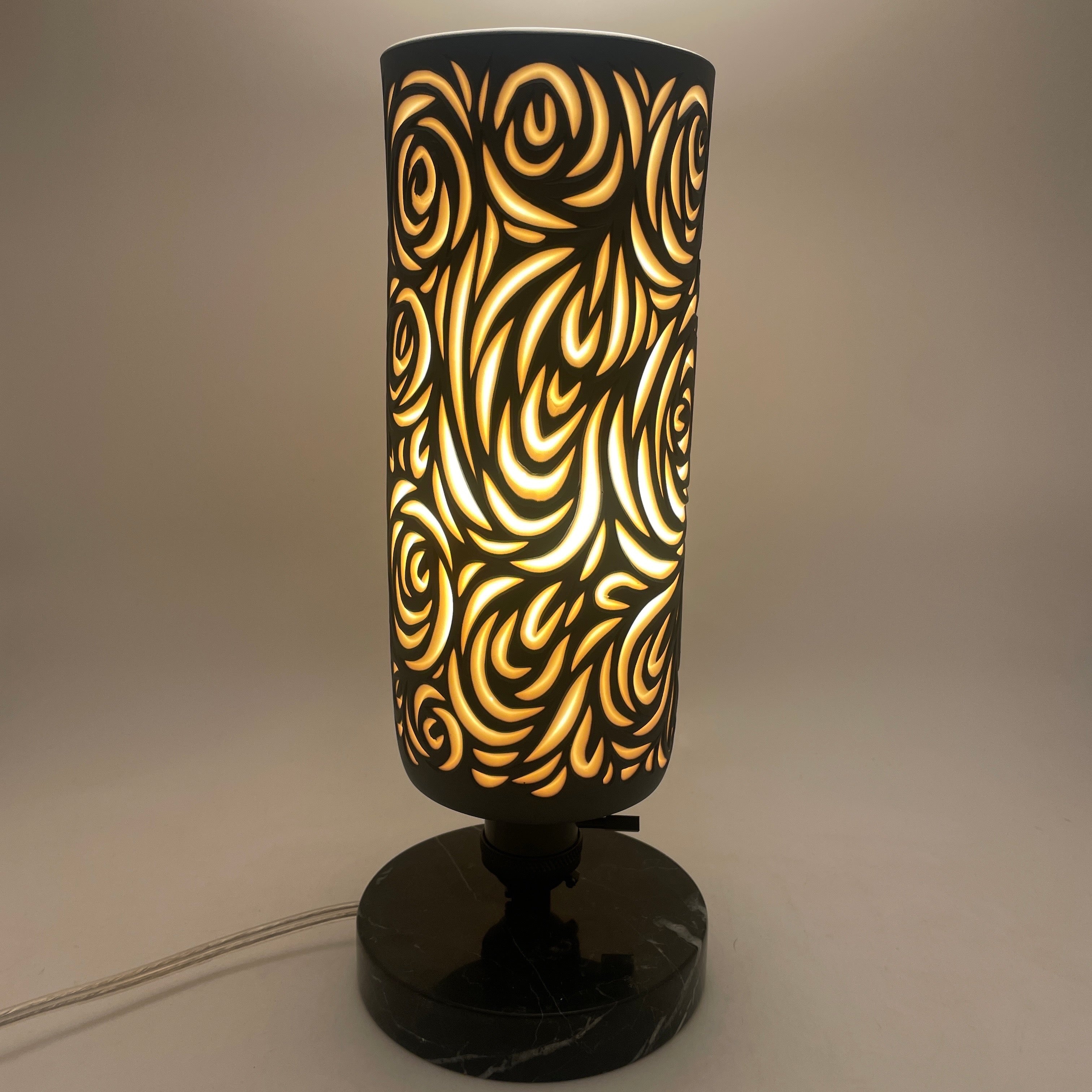 Table Lamp- “Roses” Black and White layered and  hand-carved Porcelain Shade and Choice of Base Preorder ship for holidays