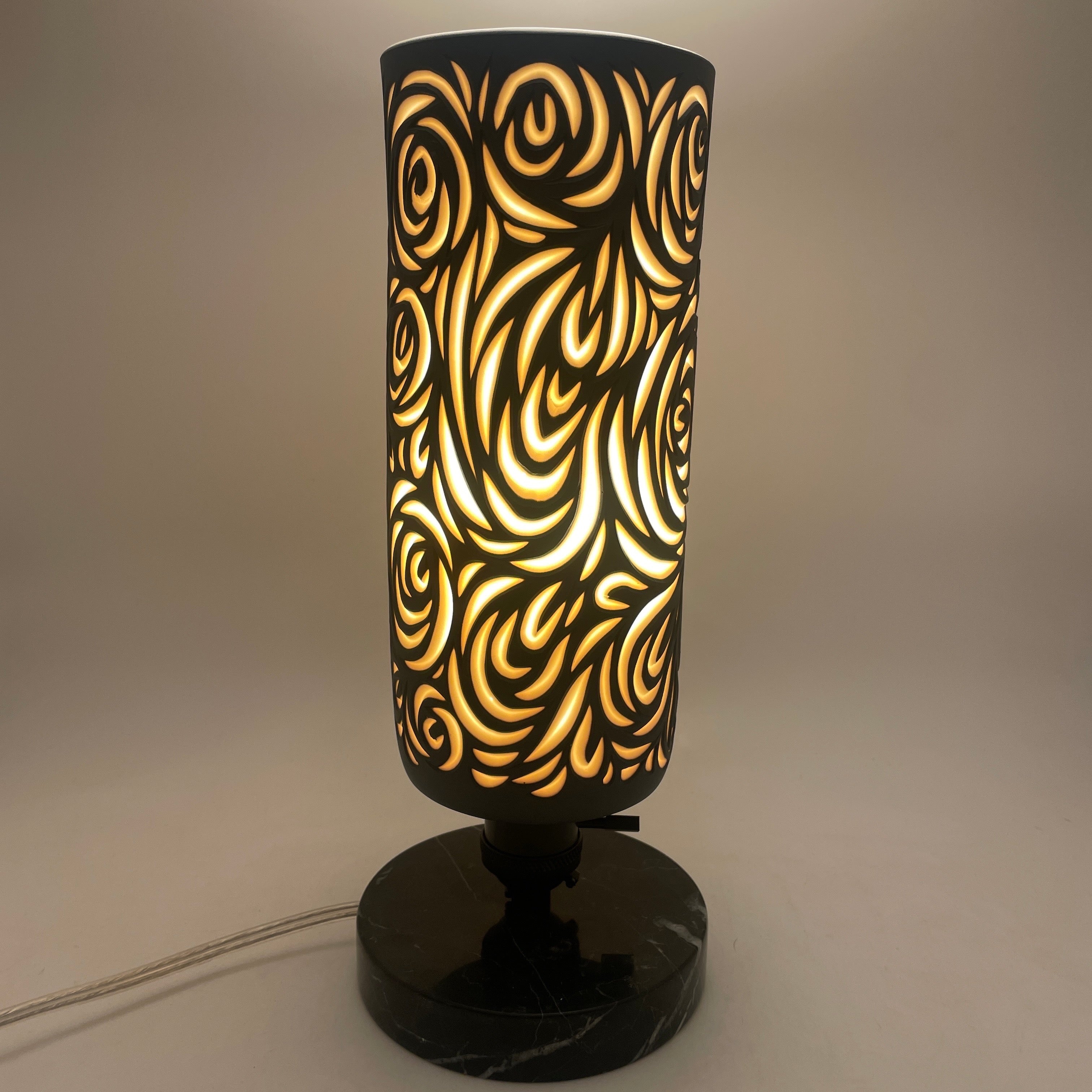 Table Lamp- “Roses” Black and White layered and  hand-carved Porcelain Shade and Choice of Base (ready to ship)