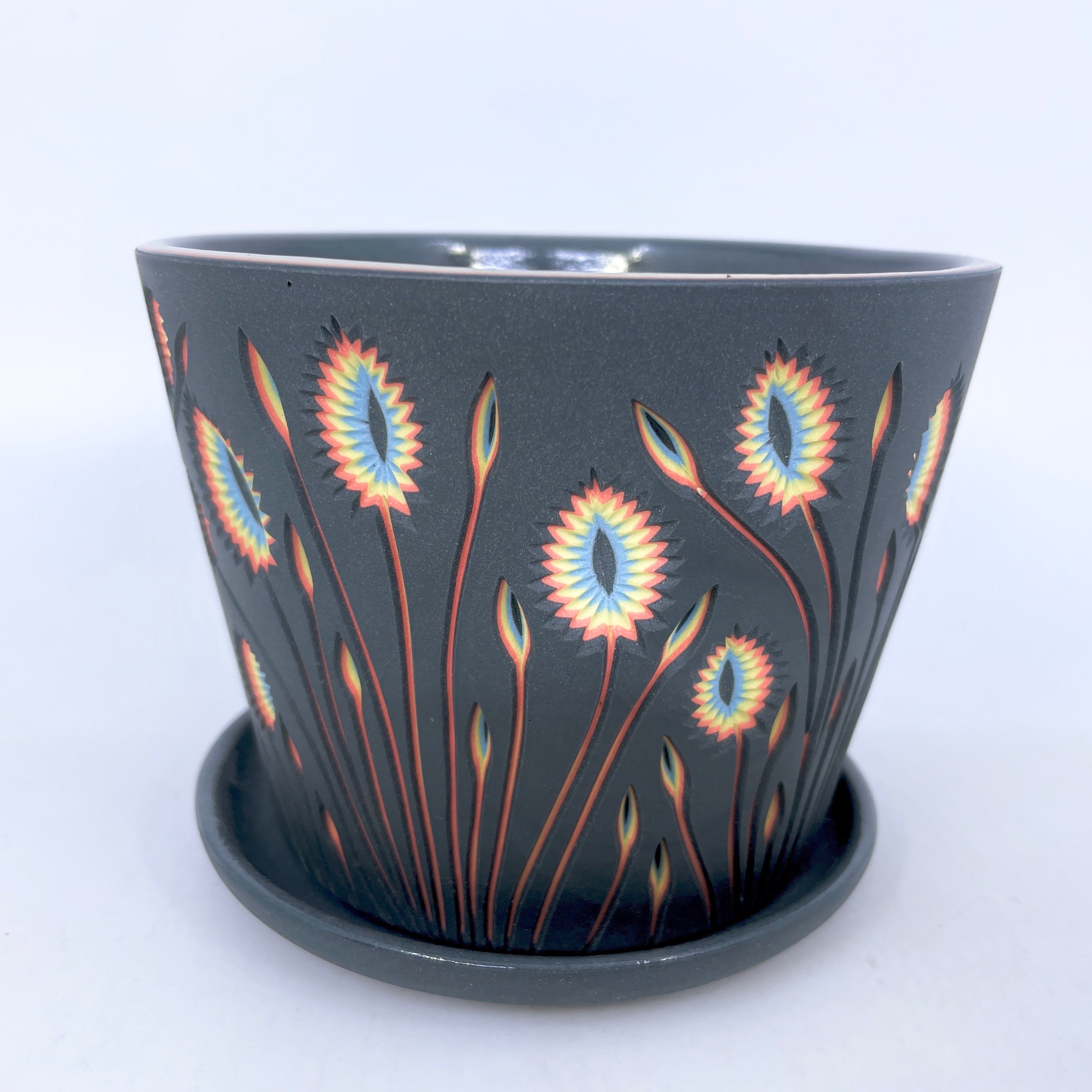 Small Planter Black to Neon Botanical Carving *Ready to Ship*