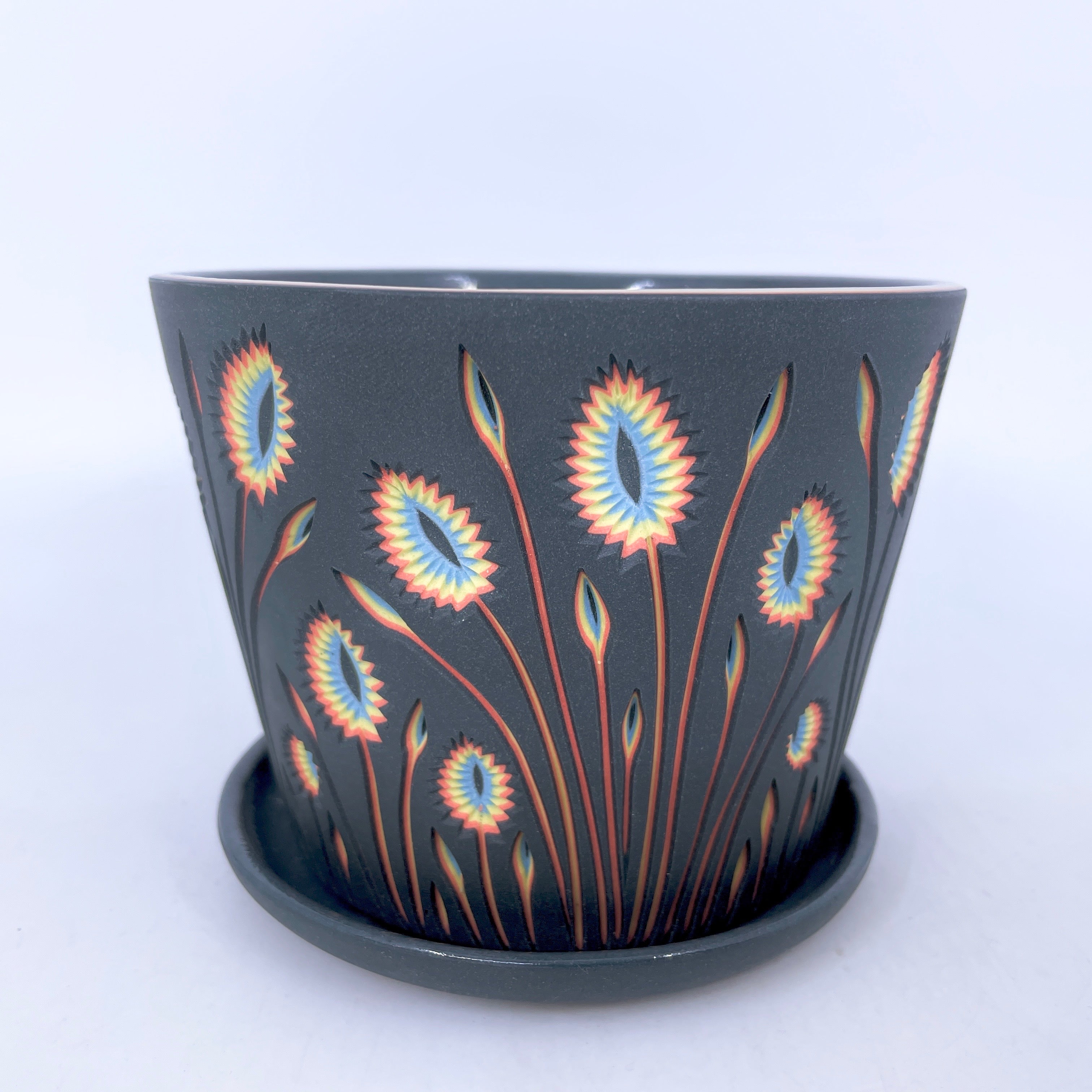 Small Planter Black to Neon Botanical Carving *Ready to Ship*