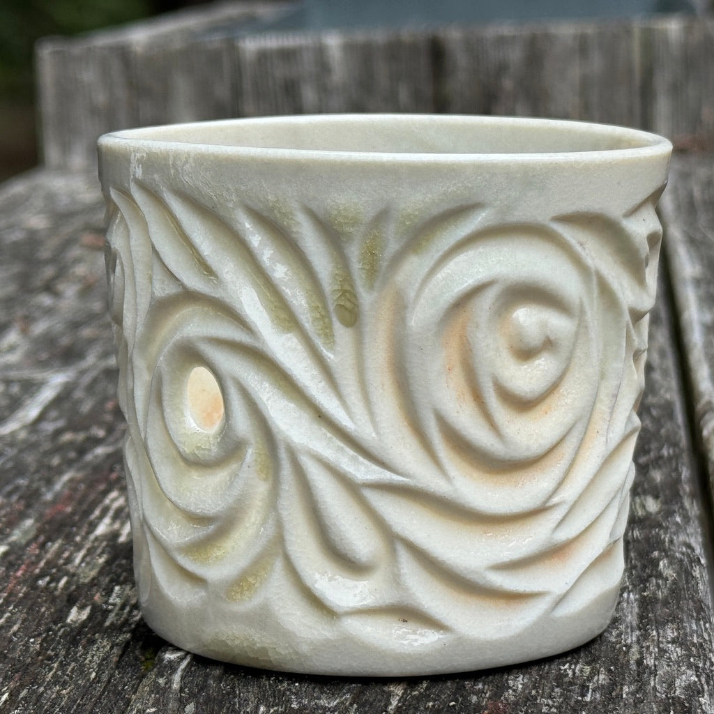 Wood Fired #32 Hand Carved Votive Roses/Swirls Warped and Hole