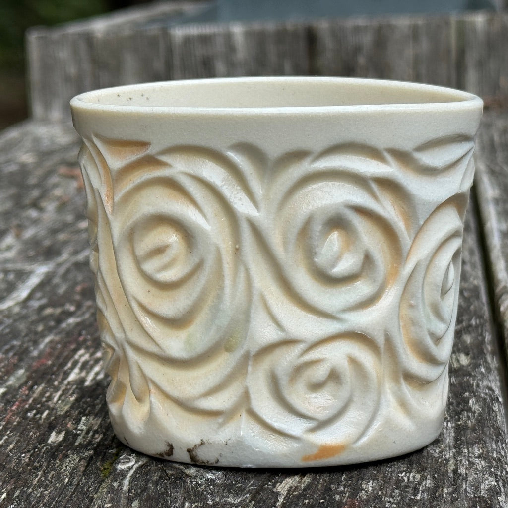 Wood Fired #32 Hand Carved Votive Roses/Swirls Warped and Hole