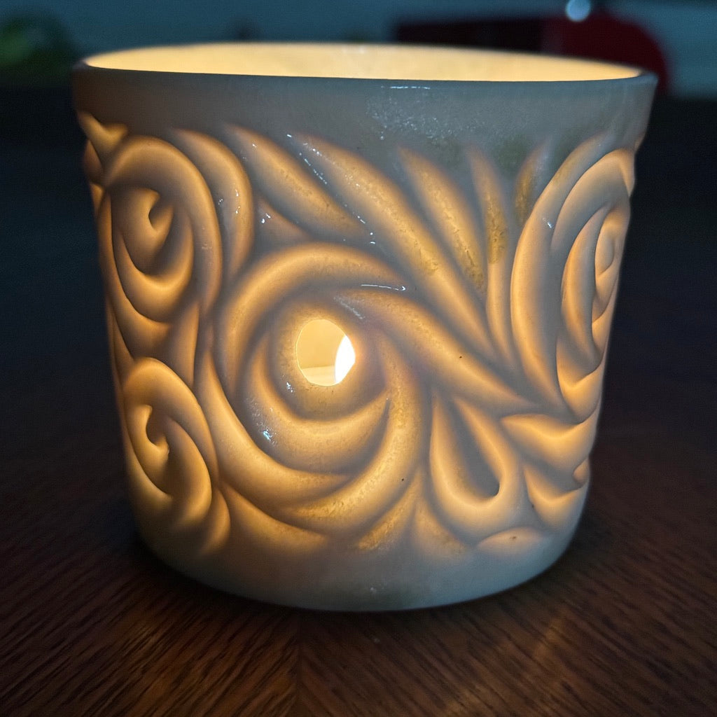 Wood Fired #32 Hand Carved Votive Roses/Swirls Warped and Hole