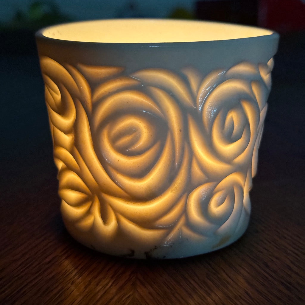 Wood Fired #32 Hand Carved Votive Roses/Swirls Warped and Hole