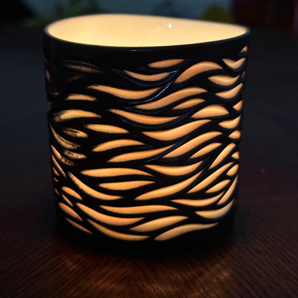 Wood Fired #36 Hand Carved Votive- Flow Very Warped, Wobbles