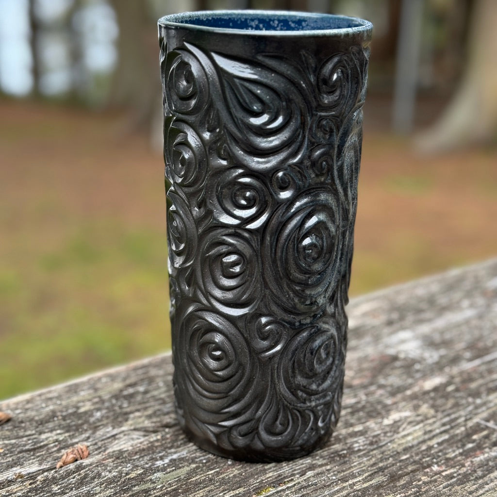 Large Column Vase Roses/Swirls Hand Carved and Wood Fired