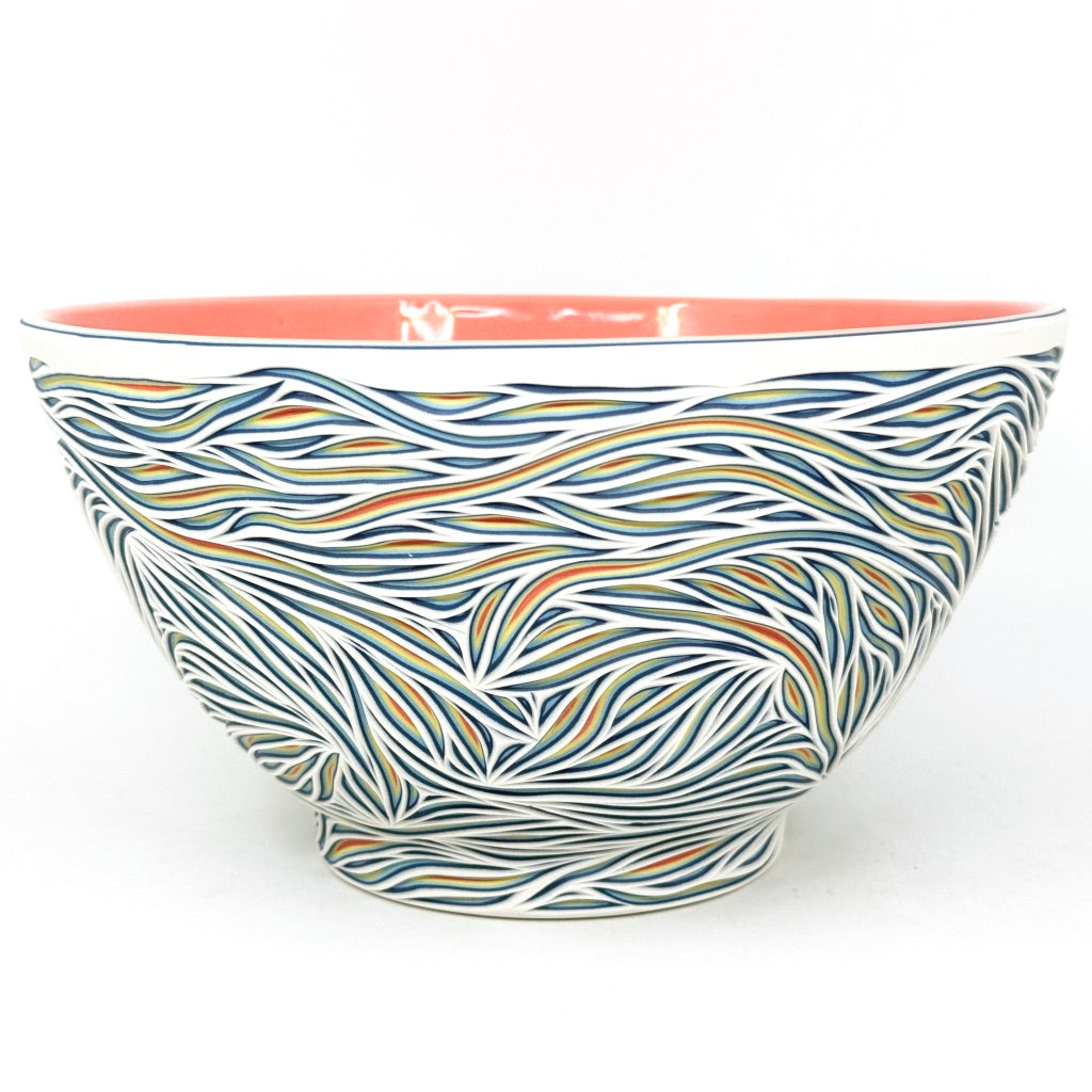 Intricate Carved Large Serving Bowl, White to Coral - Functional Fine Art (Ready to Ship)