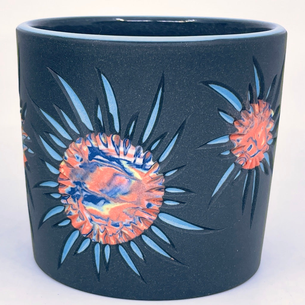 Solar Flare, 5-Color Coral Suns, Black and Turquoise, Carved 3-Layer Tumbler- Preorder, ship in 4-6 weeks S