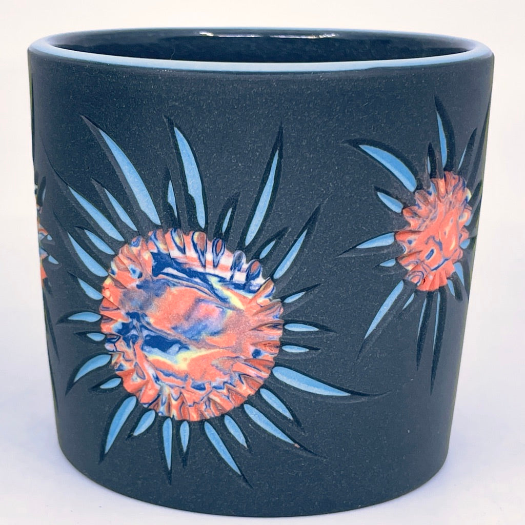 *Now Preorder, ship in 4-6 weeks Solar Flare, 5-Color Coral Suns, Black and Turquoise, (Curvy Flares!) Carved 3-Layer Tumbler