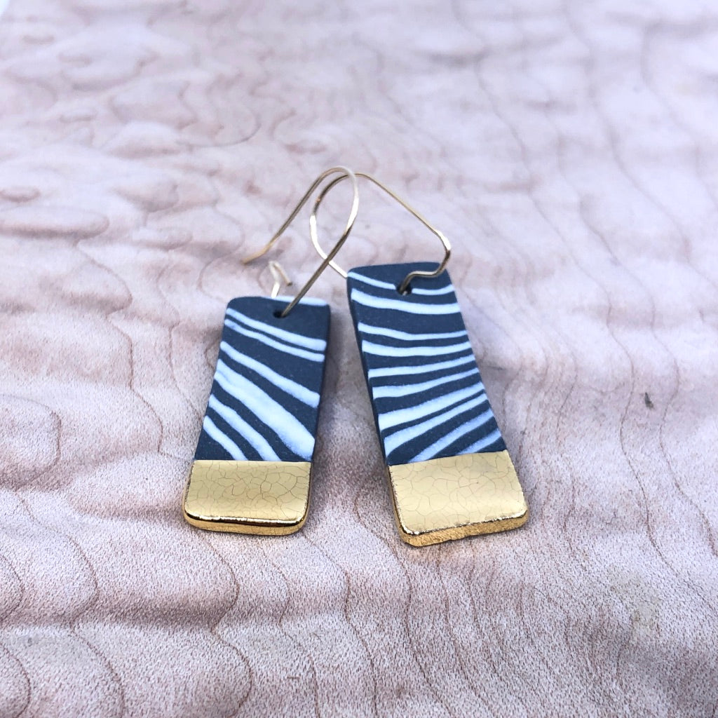 Black & White Marble Gold Luster Rectangle Drop Earrings