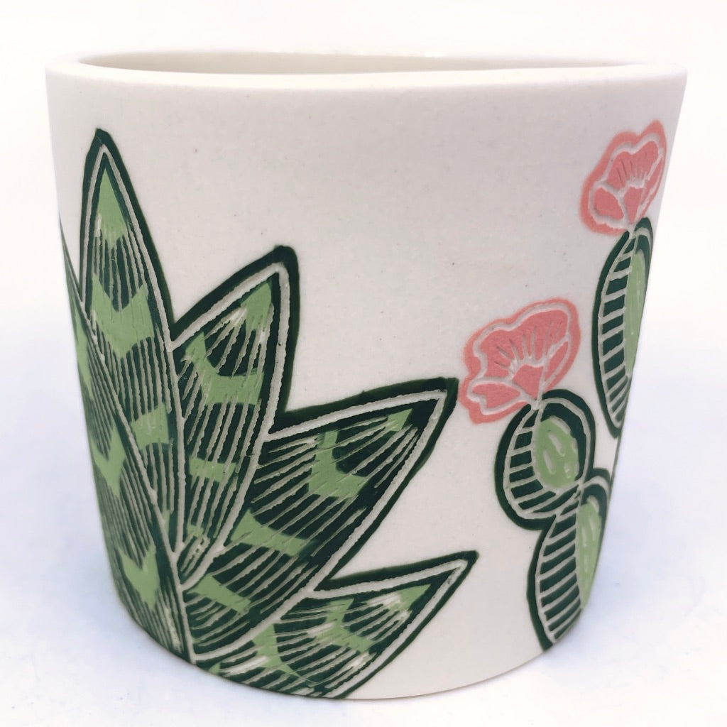 Cactus w/ Pink Flowers Sgraffito Tumbler (by Katie Kelly) *preorder ship in 4-6 weeks*
