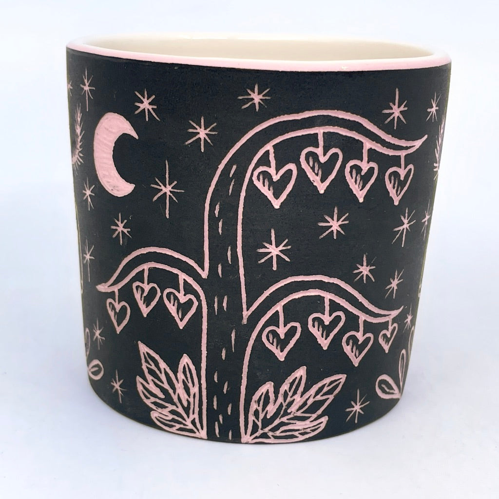 PINK carving- Moth and Bleeding Hearts Sgraffito Tumbler- White interior (by Katie Kelly)