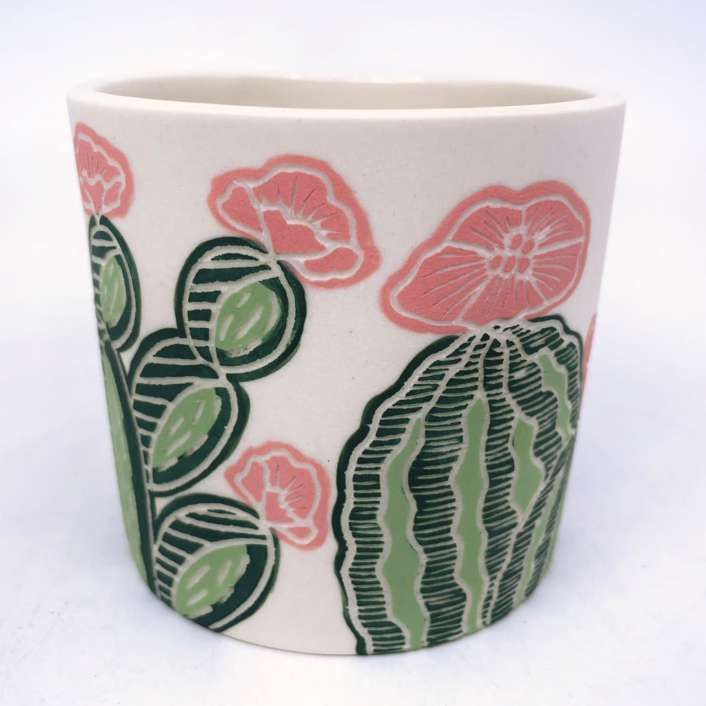 Cactus w/ Pink Flowers Sgraffito Tumbler (by Katie Kelly) *preorder ship in 4-6 weeks*