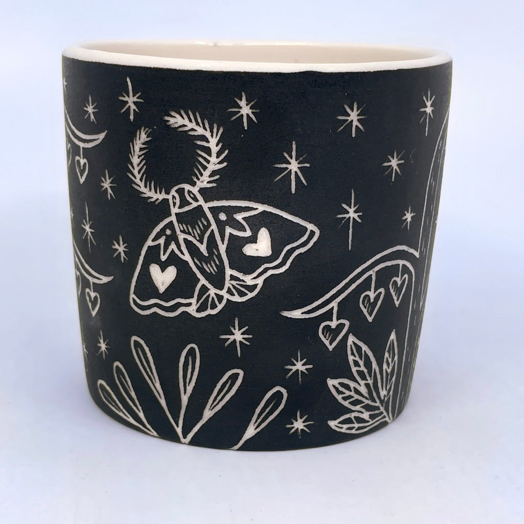 Moth and Bleeding Hearts Sgraffito Tumbler- White and Black (by Katie Kelly)