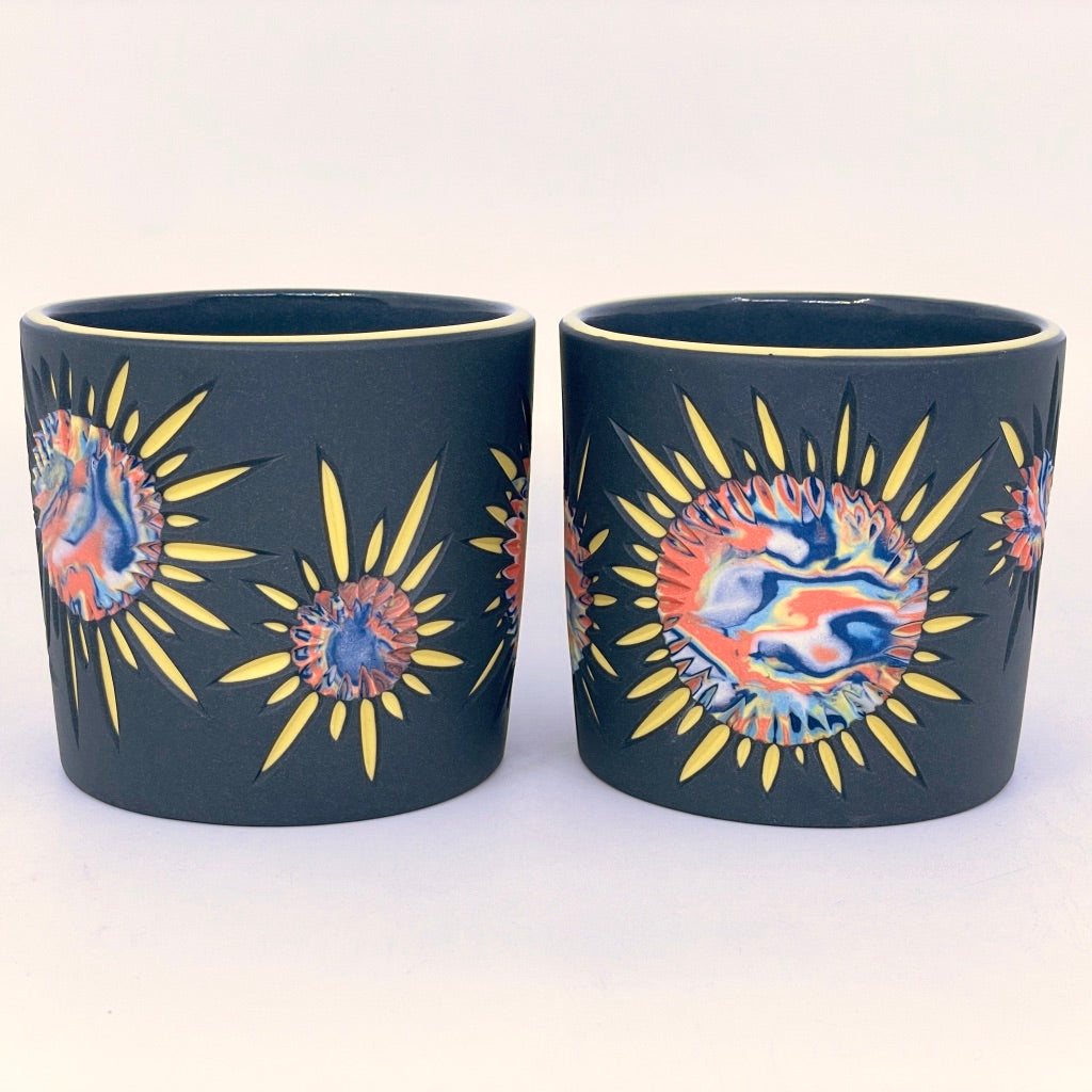 Solar Flare 5-Layer Coral Suns, Black and Yellow Carved 3-Layer Tumbler (Ready to Ship)