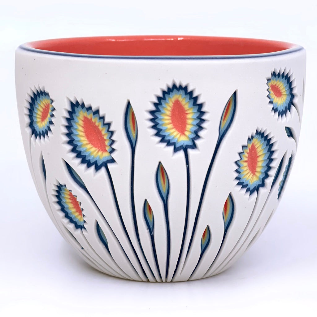 *Ready to Ship* White to Coral Botanical Carved Teacup
