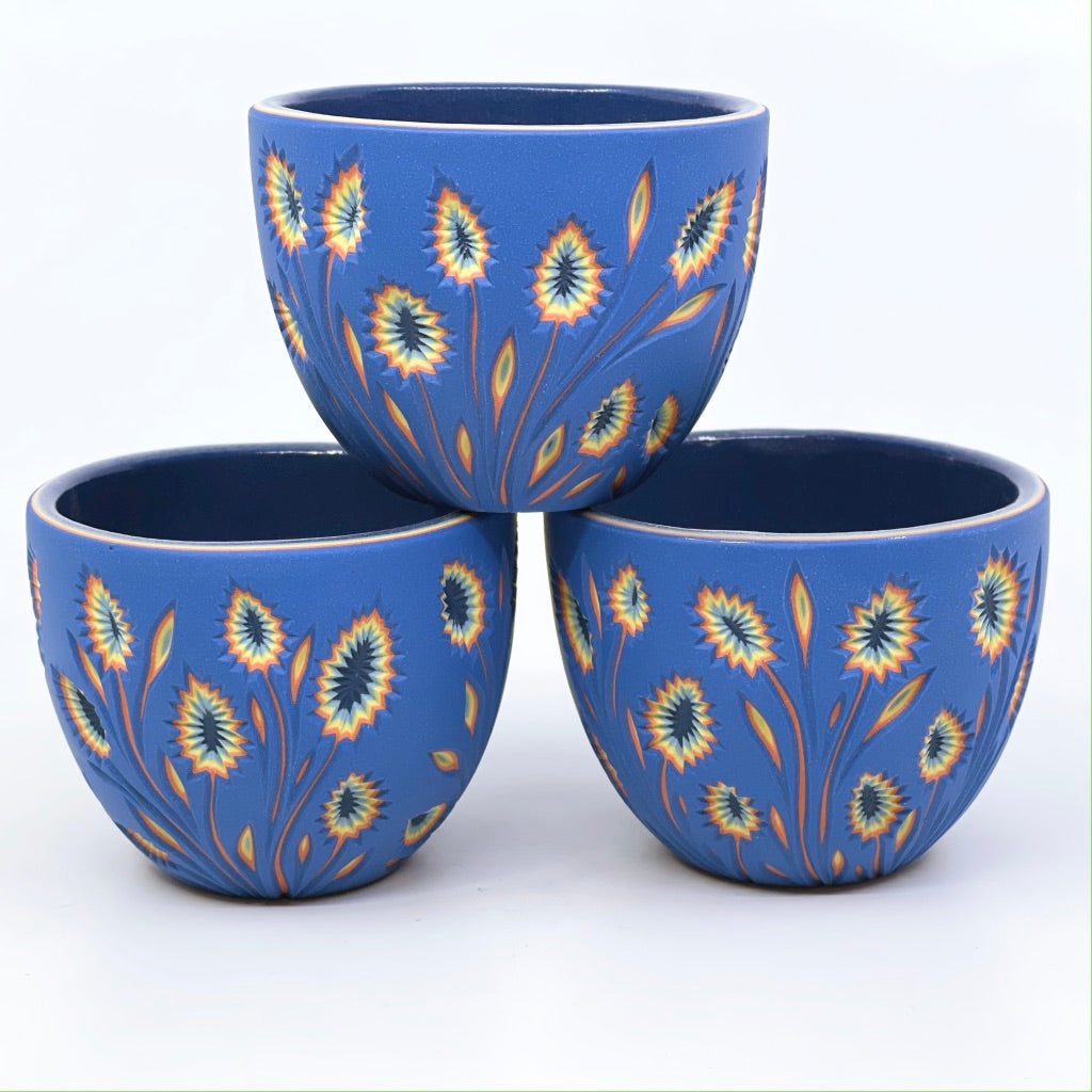 Reverse Royal Blue Botanical Carved Teacup