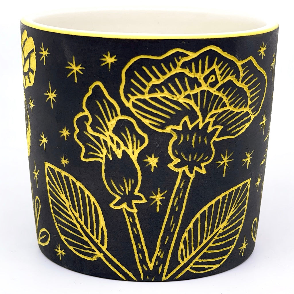 *Limited Preorder* Bees and Flowers Sgraffito Tumbler w/ Marigold Porcelain Base Layer (by Katie Kelly) Ship in 4-6 weeks