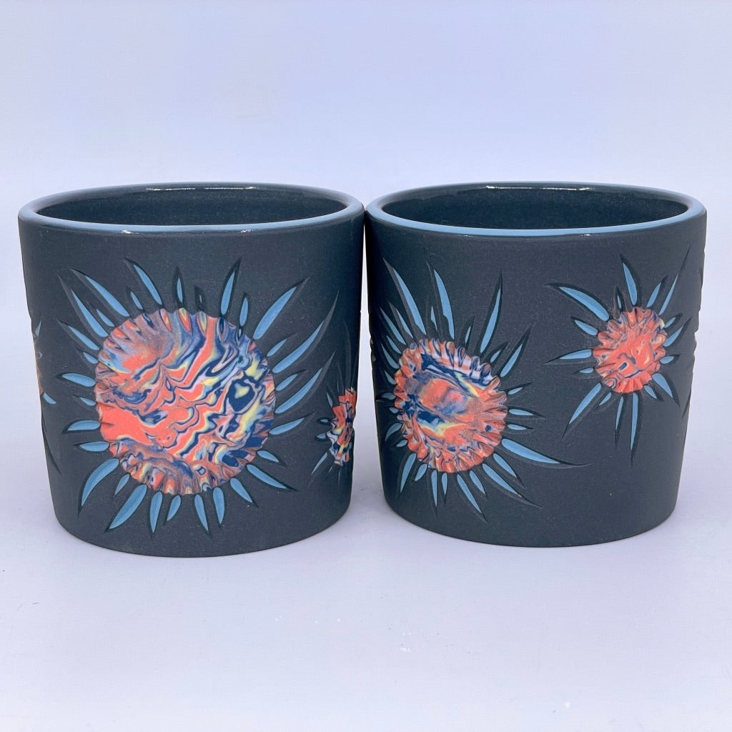 *Now Preorder, ship in 4-6 weeks Solar Flare, 5-Color Coral Suns, Black and Turquoise, (Curvy Flares!) Carved 3-Layer Tumbler