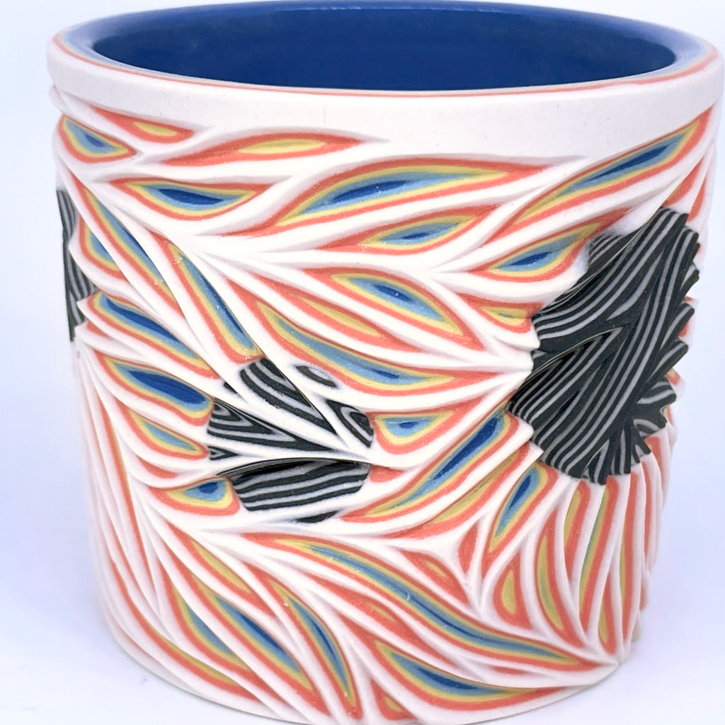 Intricate Carving Hybrid Layering- White to Royal w/ B&W Inserts- Carved ONLY Outside -19 Layer Functional Fine Art Tumbler