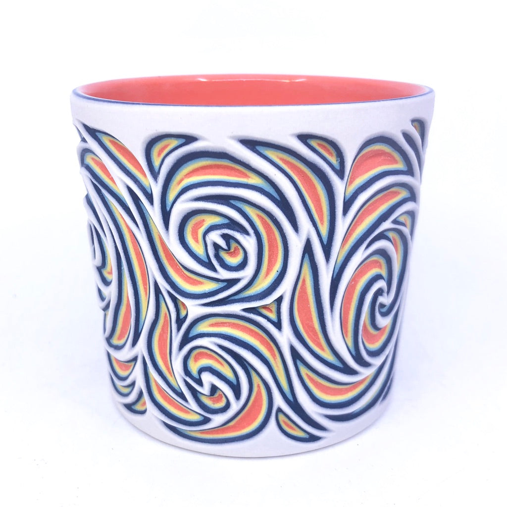 White to Coral Swirls 5-Layer Carved Tumbler