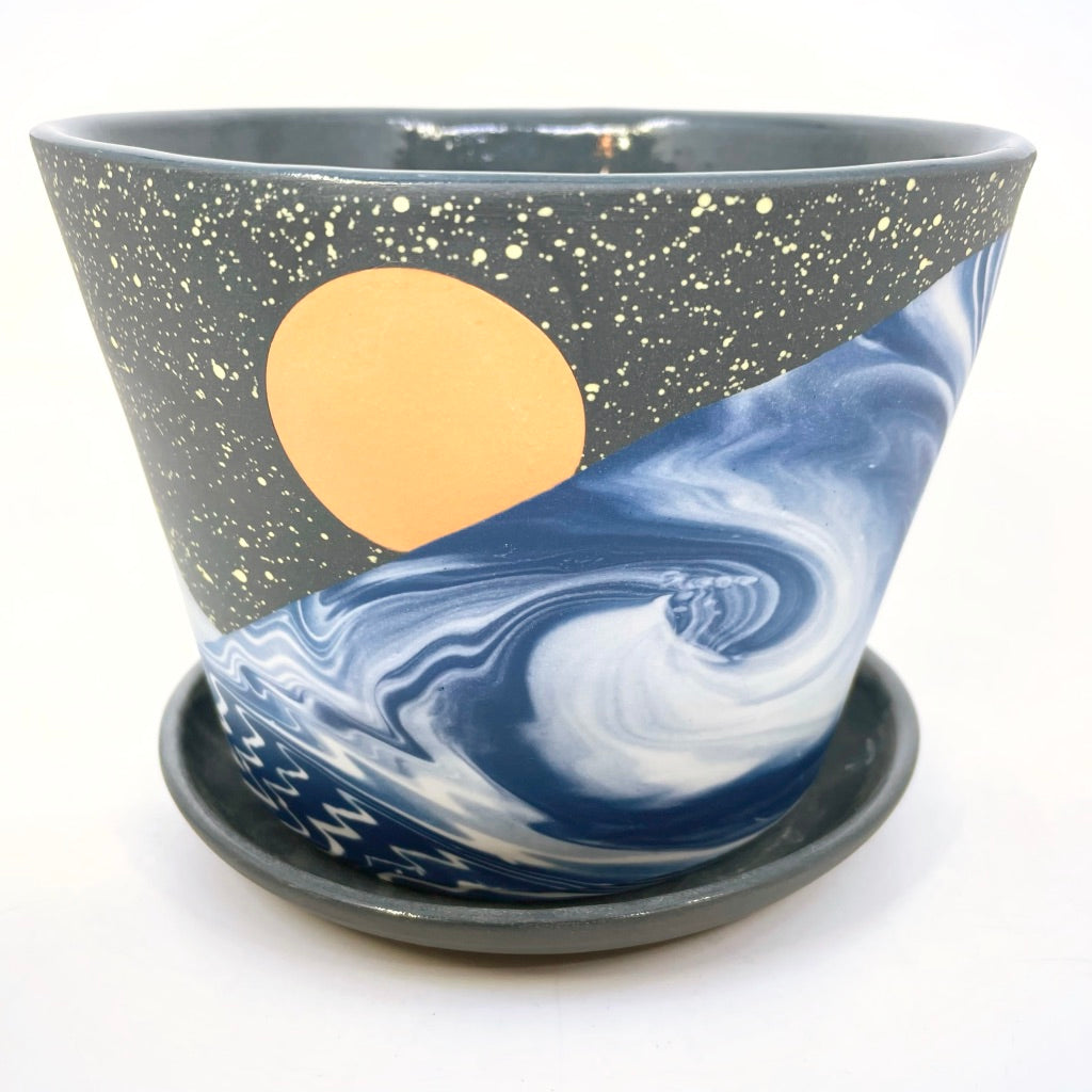 *Preorder* Large Night Wave Planter w/ Dish, Orange