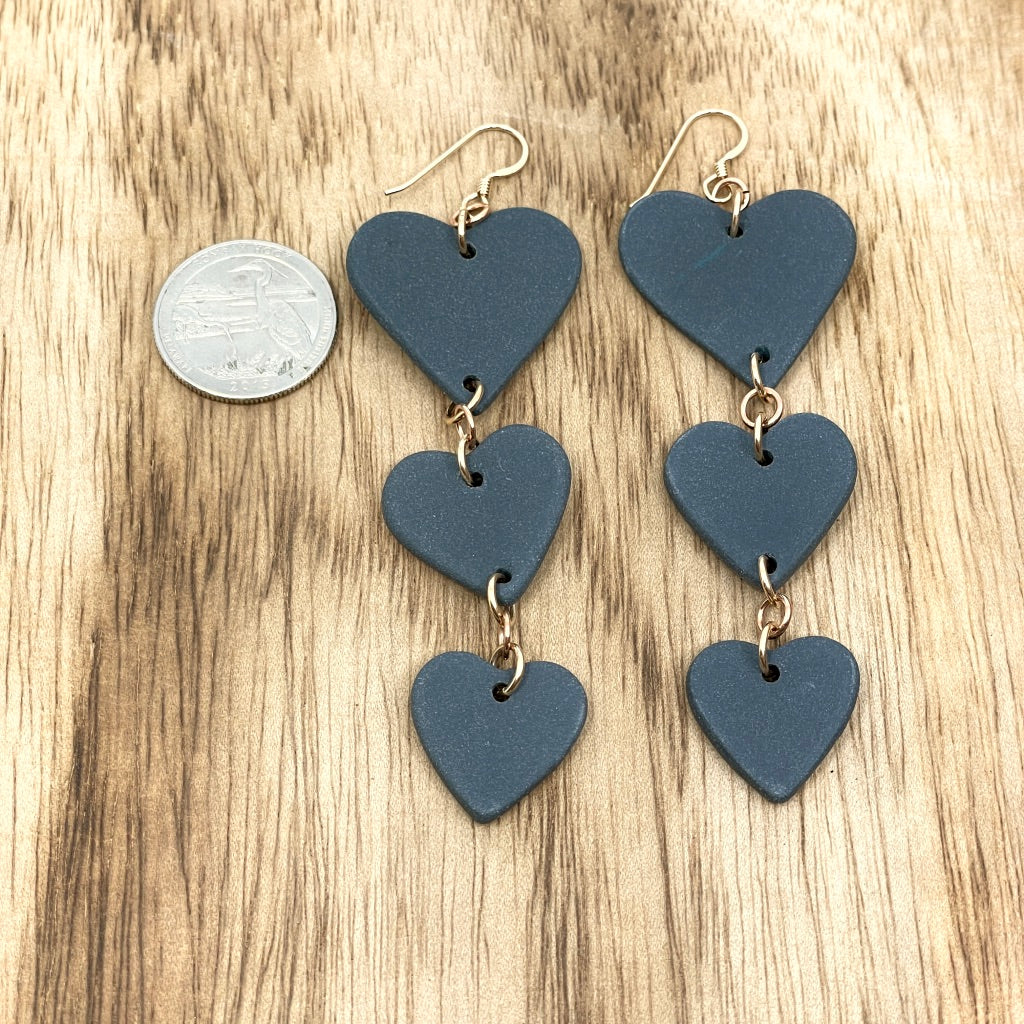 15% off Three-Tiered Black Porcelain Heart Drop Earrings