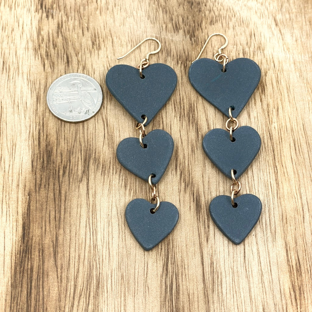 Three-Tiered Black Porcelain Heart Drop Earrings