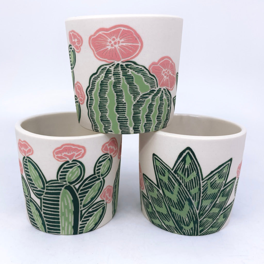 Cactus w/ Pink Flowers Sgraffito Tumbler (by Katie Kelly) *preorder ship in 4-6 weeks*