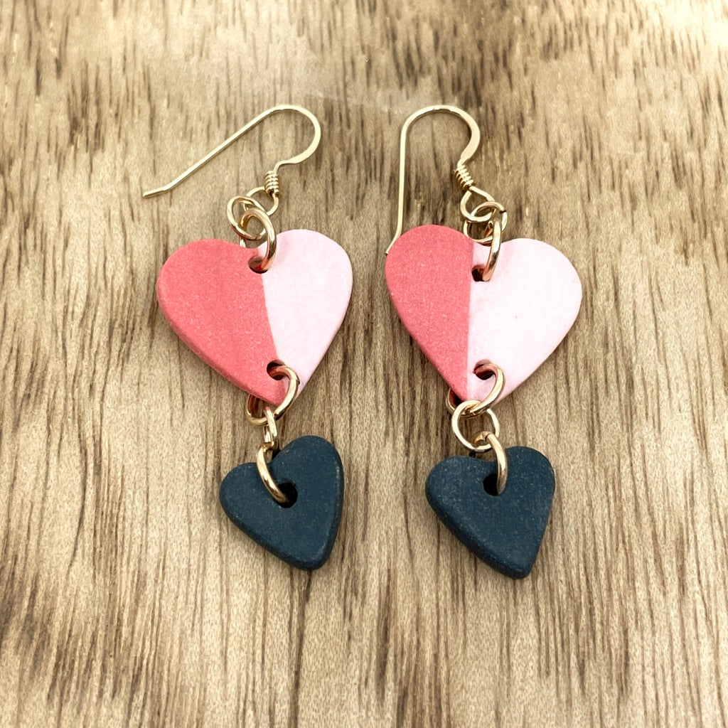Two-Tiered, Pink/Red and Black Porcelain Heart Drop Earrings