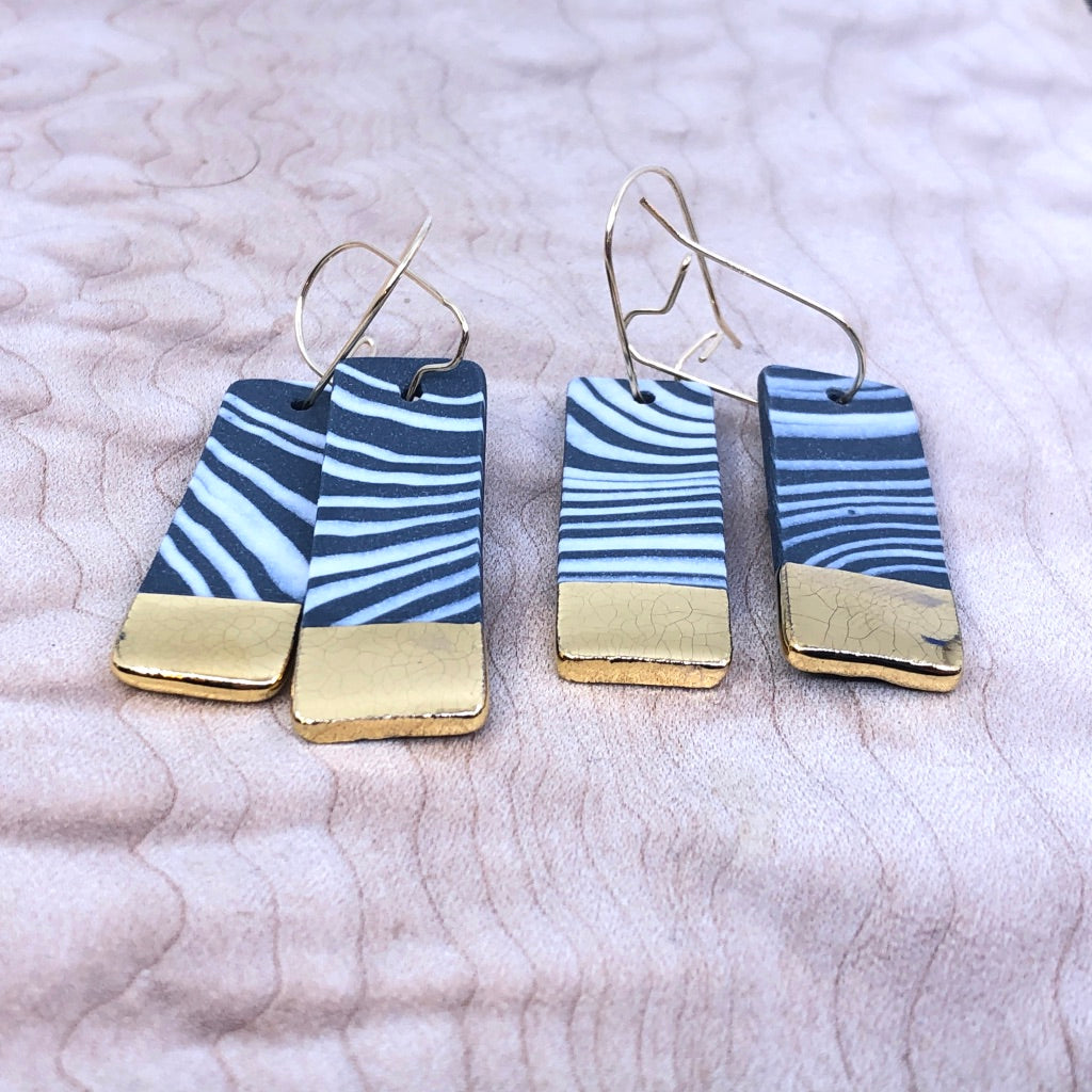 Black & White Marble Gold Luster Rectangle Drop Earrings