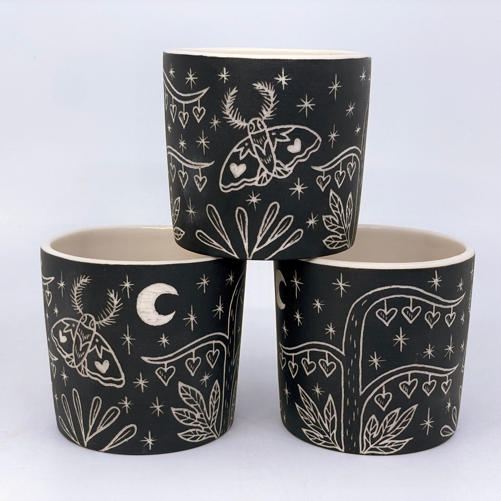 Moth and Bleeding Hearts Sgraffito Tumbler- White and Black (by Katie Kelly)