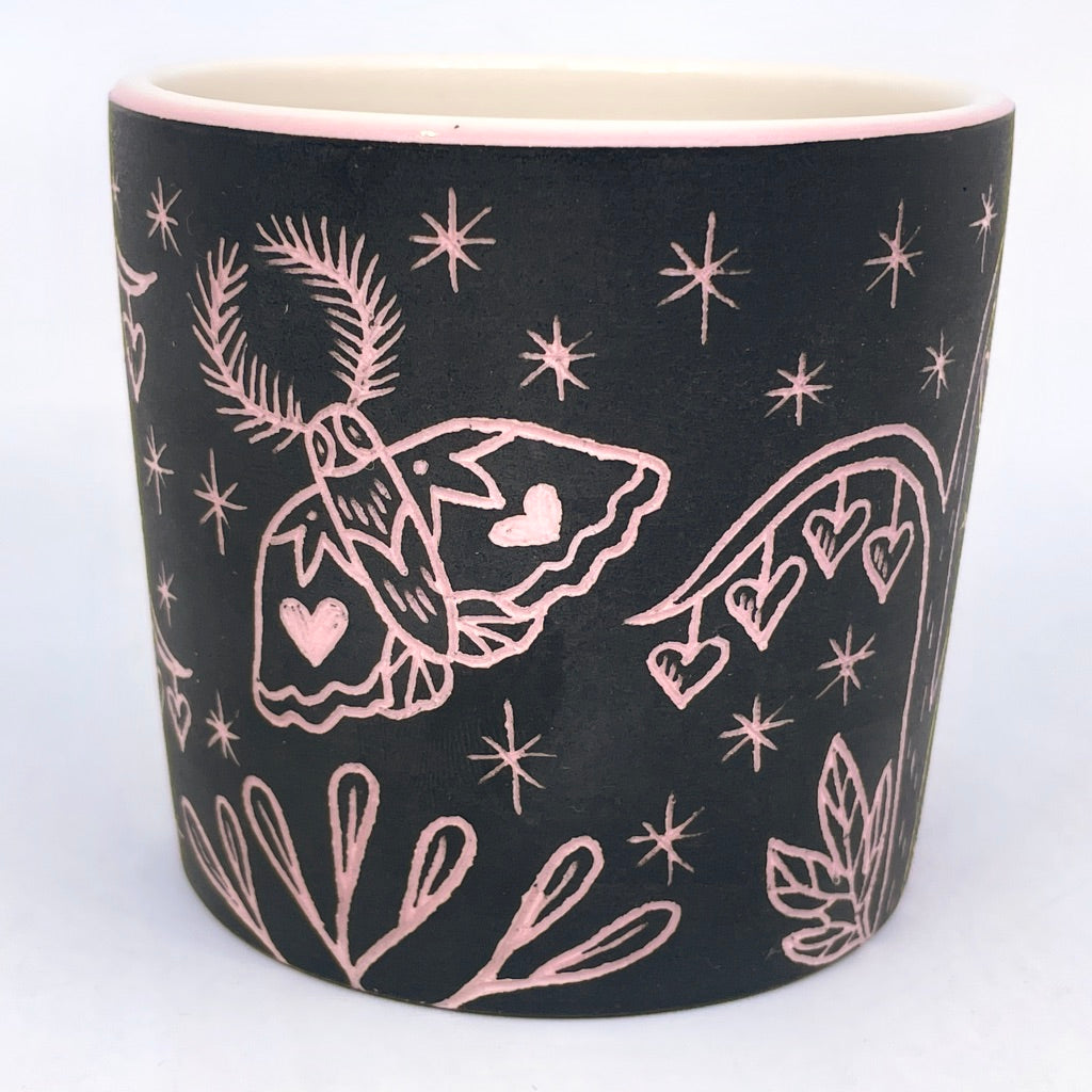 PINK carving- Moth and Bleeding Hearts Sgraffito Tumbler- White interior (by Katie Kelly)