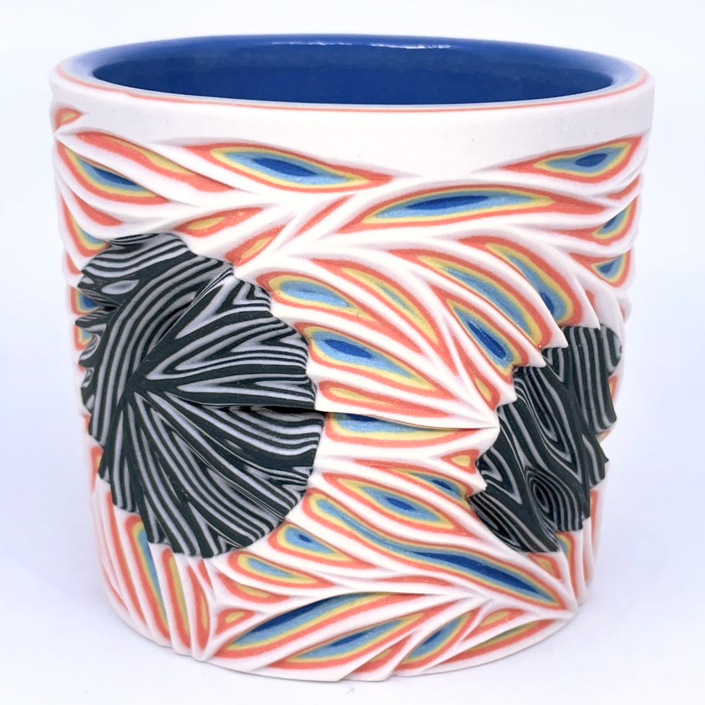 Intricate Carving Hybrid Layering- White to Royal w/ B&W Inserts- Carved ONLY Outside -19 Layer Functional Fine Art Tumbler