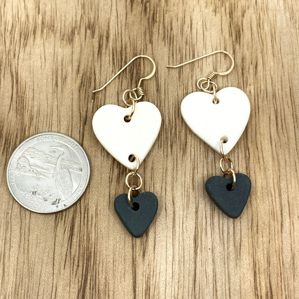 Two-Tiered White and Black Porcelain Heart Drop Earrings