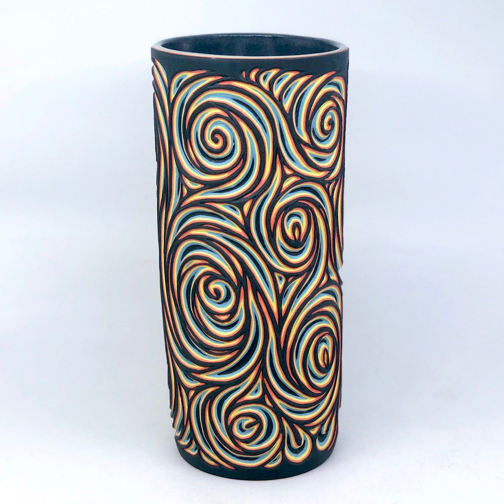 Large (9.5") Black & Neon Swirl 5 Layer Column Vase