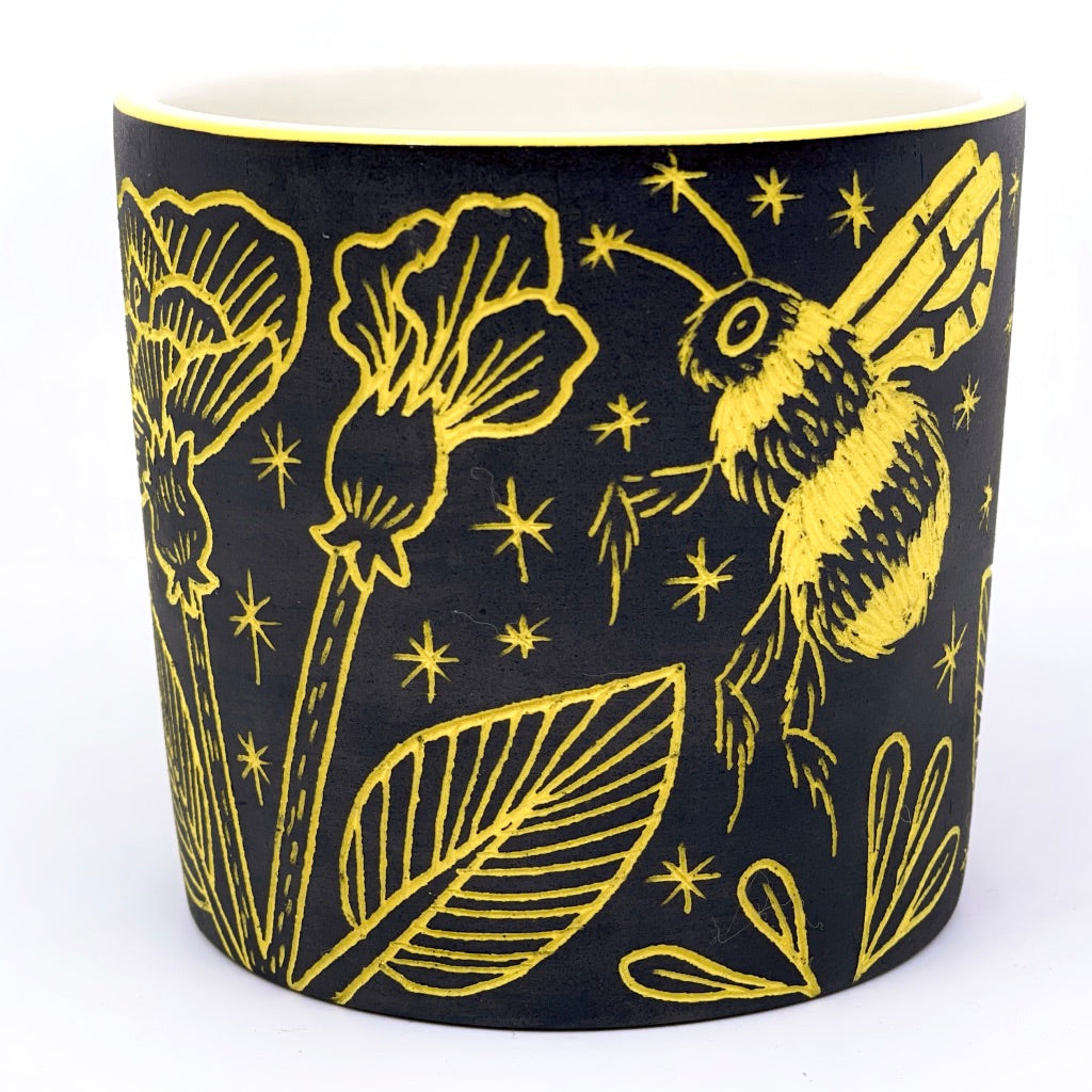 *Limited Preorder* Bees and Flowers Sgraffito Tumbler w/ Marigold Porcelain Base Layer (by Katie Kelly) Ship in 4-6 weeks