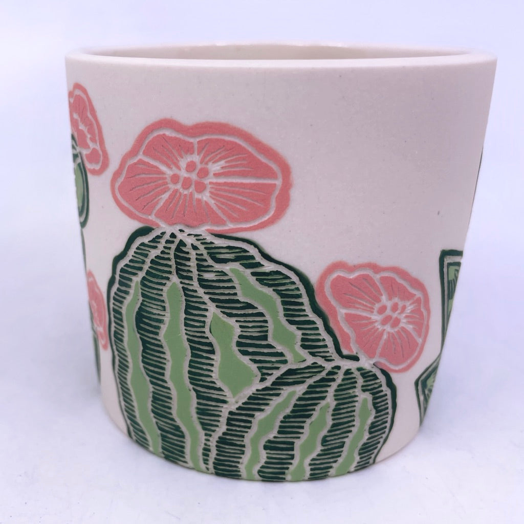 Cactus w/ Pink Flowers Sgraffito Tumbler (by Katie Kelly) *preorder ship in 4-6 weeks*